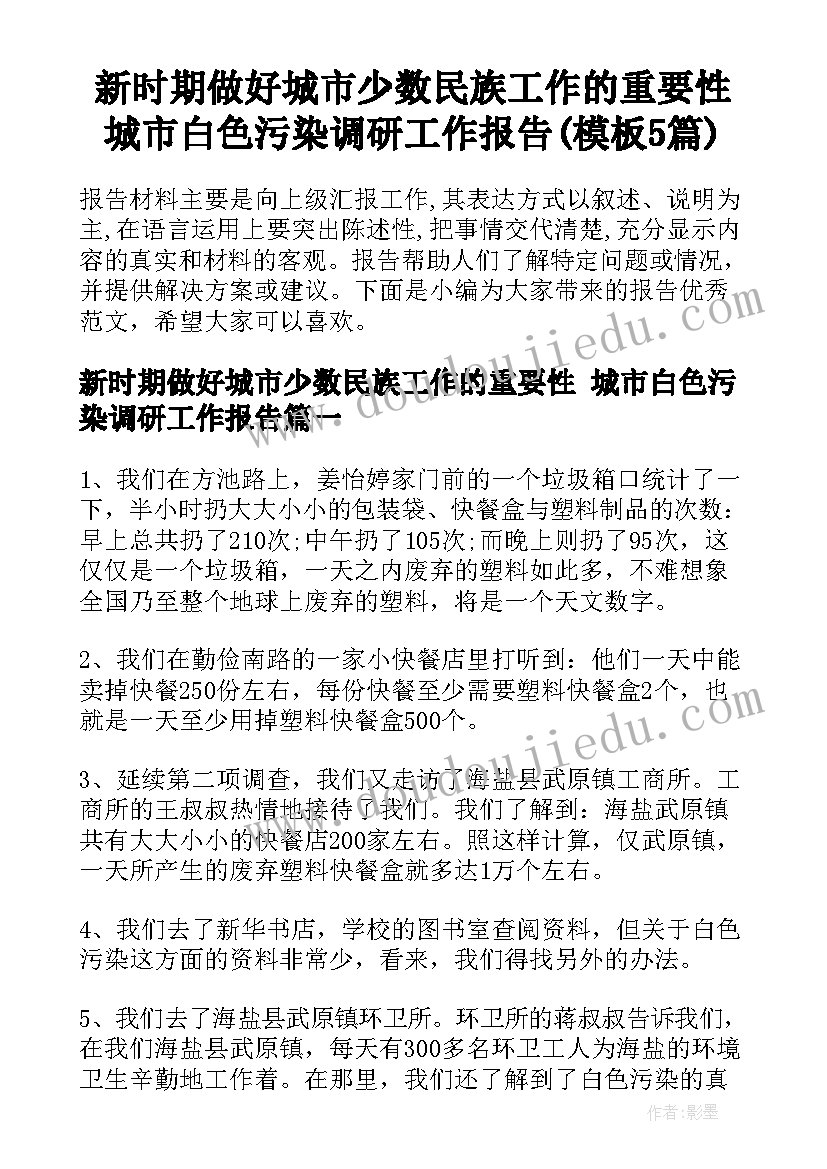 新时期做好城市少数民族工作的重要性 城市白色污染调研工作报告(模板5篇)