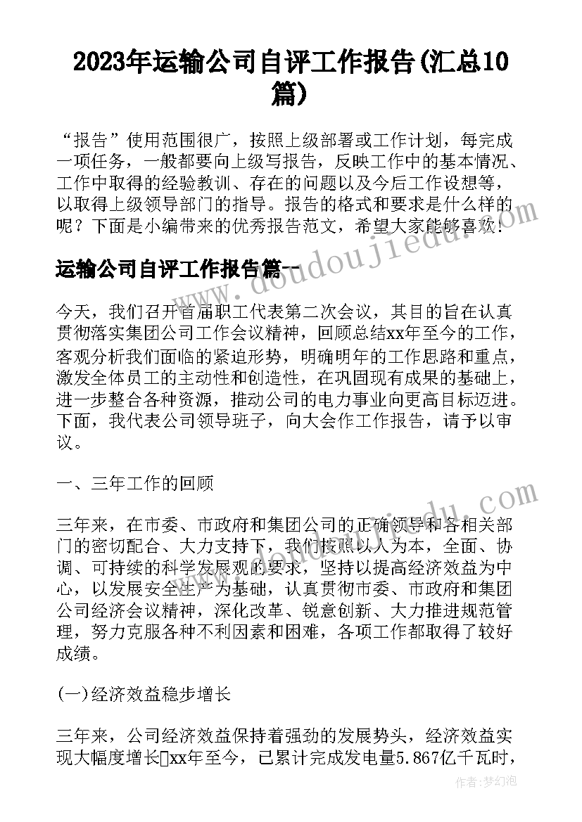 2023年运输公司自评工作报告(汇总10篇)