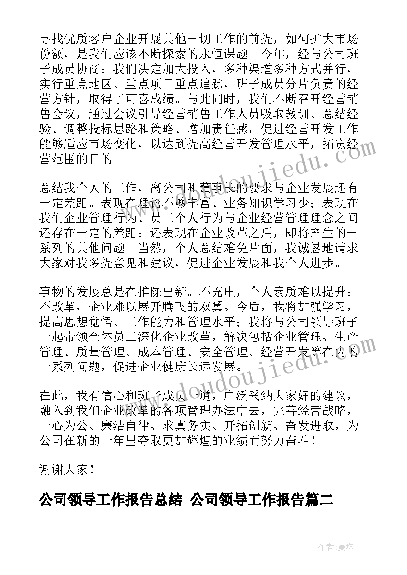 2023年公司领导工作报告总结 公司领导工作报告(汇总8篇)