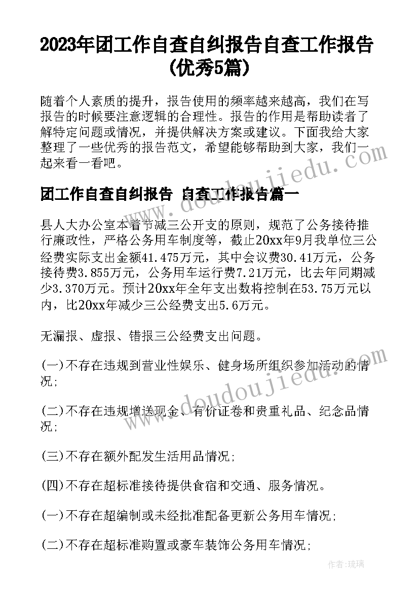 2023年团工作自查自纠报告 自查工作报告(优秀5篇)