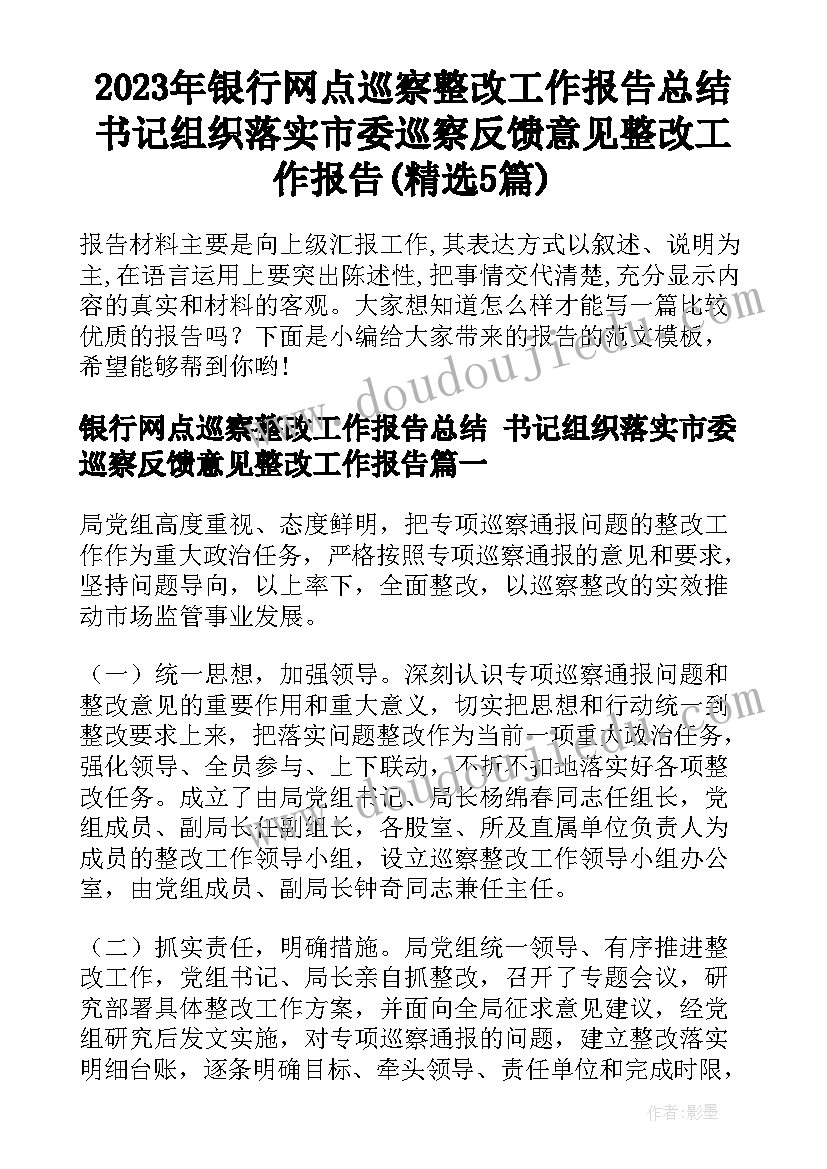 2023年银行网点巡察整改工作报告总结 书记组织落实市委巡察反馈意见整改工作报告(精选5篇)