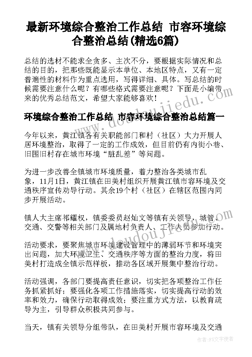 最新环境综合整治工作总结 市容环境综合整治总结(精选6篇)