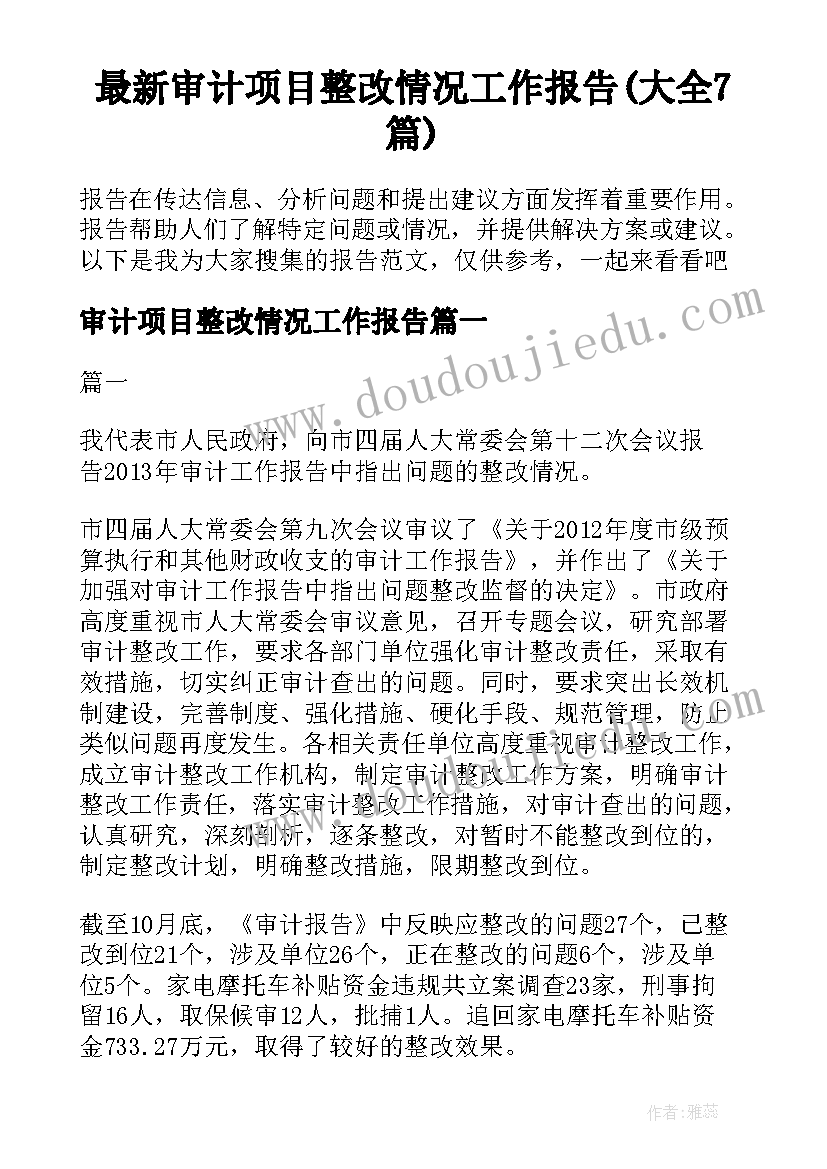 最新审计项目整改情况工作报告(大全7篇)