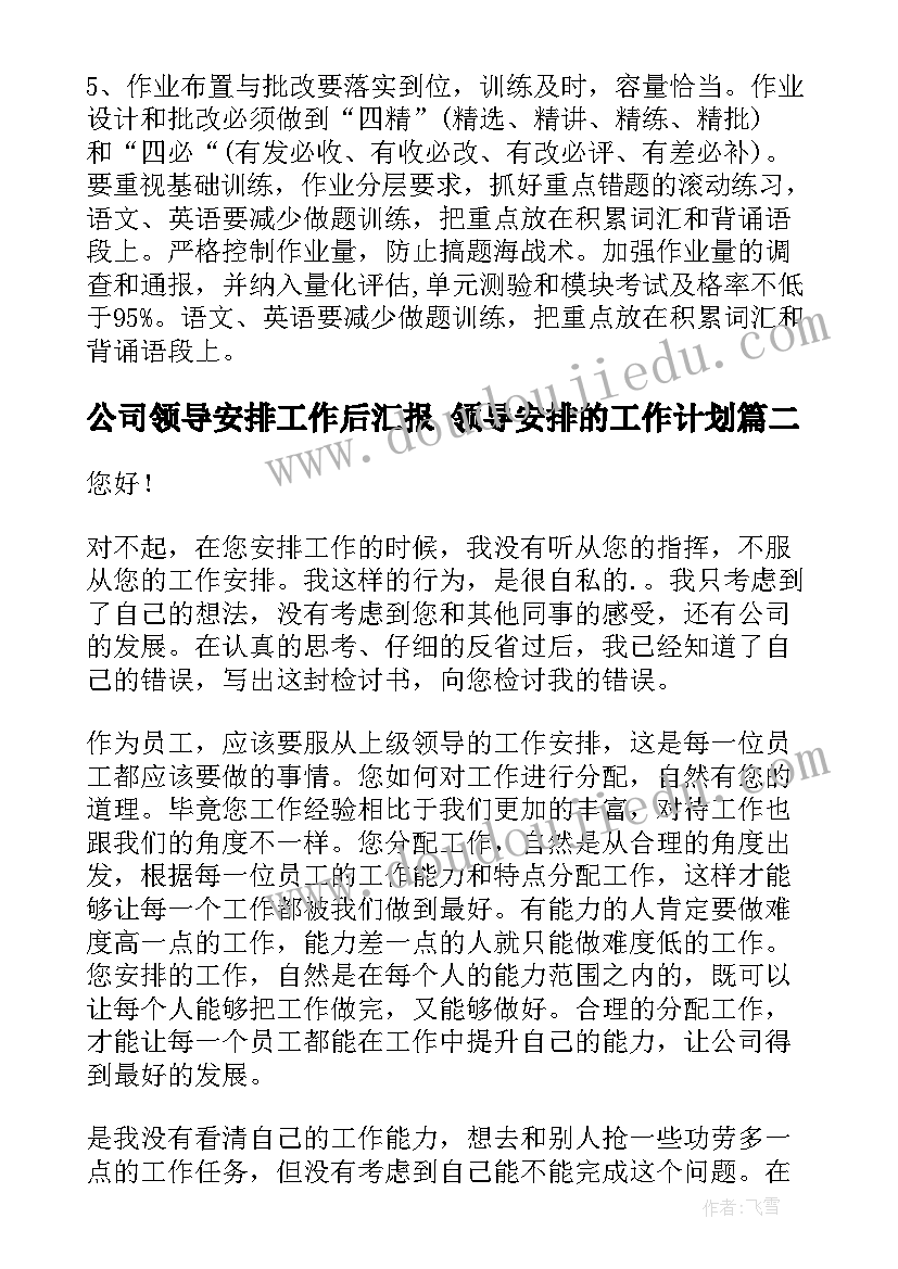 公司领导安排工作后汇报 领导安排的工作计划(实用5篇)