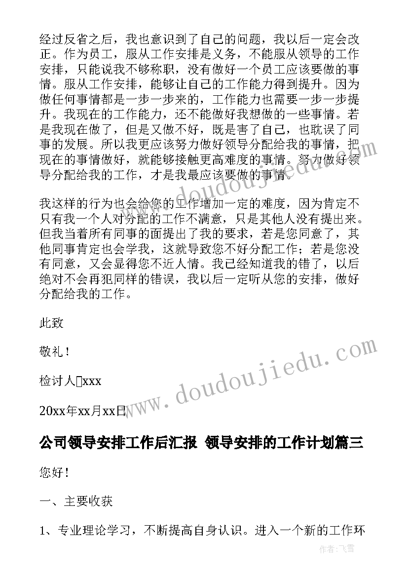 公司领导安排工作后汇报 领导安排的工作计划(实用5篇)