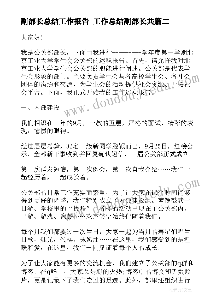 2023年副部长总结工作报告 工作总结副部长共(模板7篇)