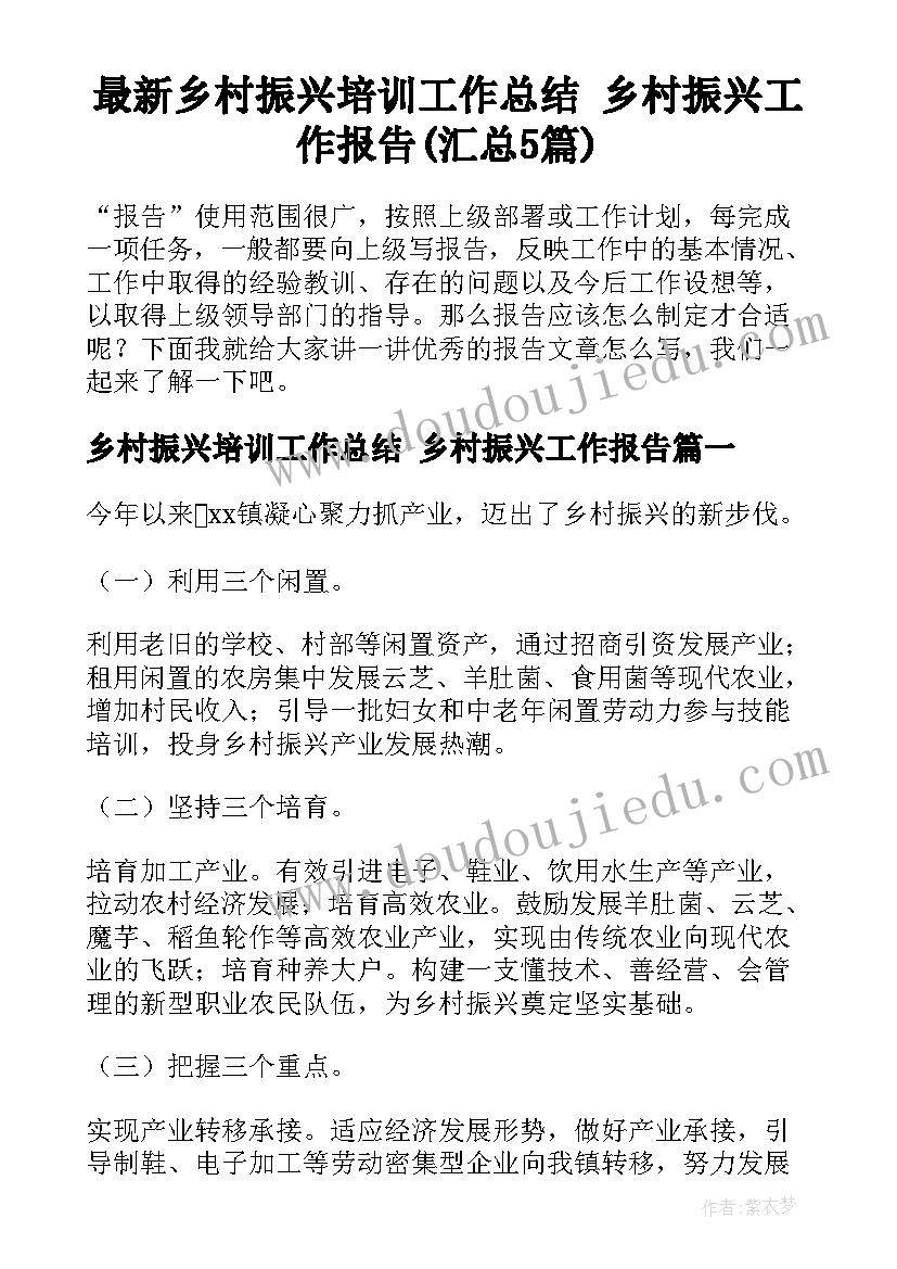 最新乡村振兴培训工作总结 乡村振兴工作报告(汇总5篇)