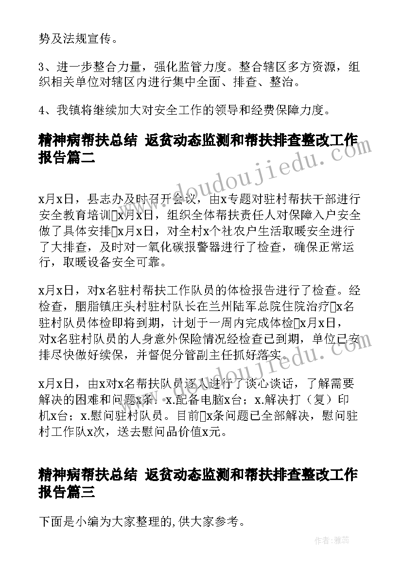 精神病帮扶总结 返贫动态监测和帮扶排查整改工作报告(模板5篇)