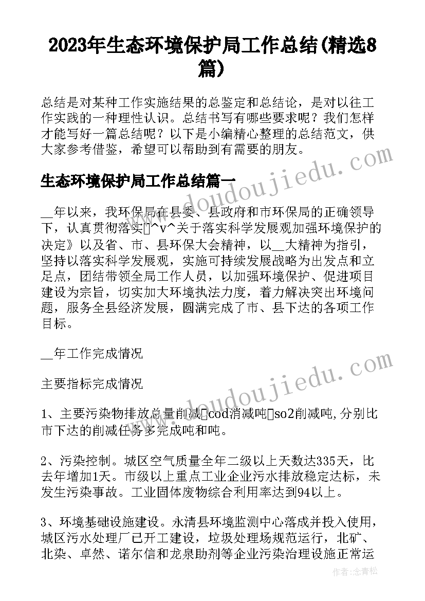 2023年生态环境保护局工作总结(精选8篇)