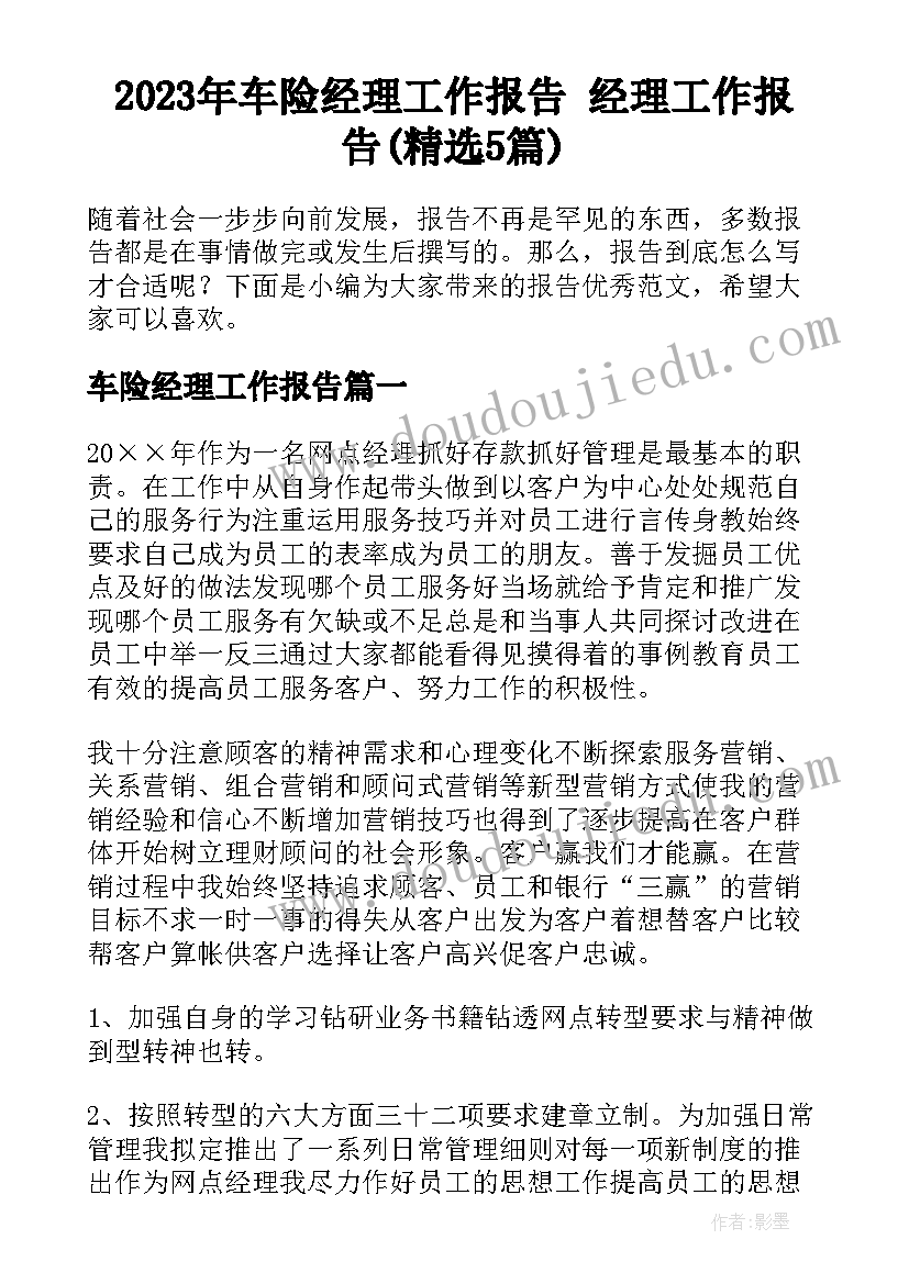 2023年车险经理工作报告 经理工作报告(精选5篇)