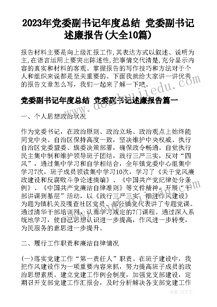 2023年党委副书记年度总结 党委副书记述廉报告(大全10篇)