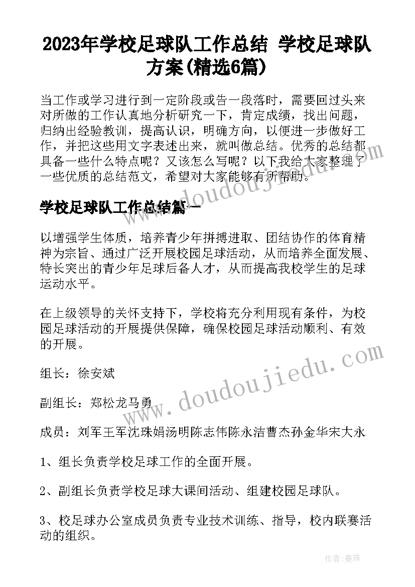 2023年学校足球队工作总结 学校足球队方案(精选6篇)