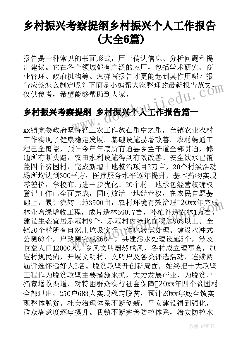 乡村振兴考察提纲 乡村振兴个人工作报告(大全6篇)