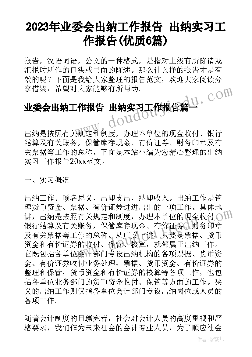 2023年业委会出纳工作报告 出纳实习工作报告(优质6篇)