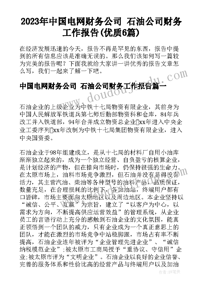 2023年中国电网财务公司 石油公司财务工作报告(优质6篇)