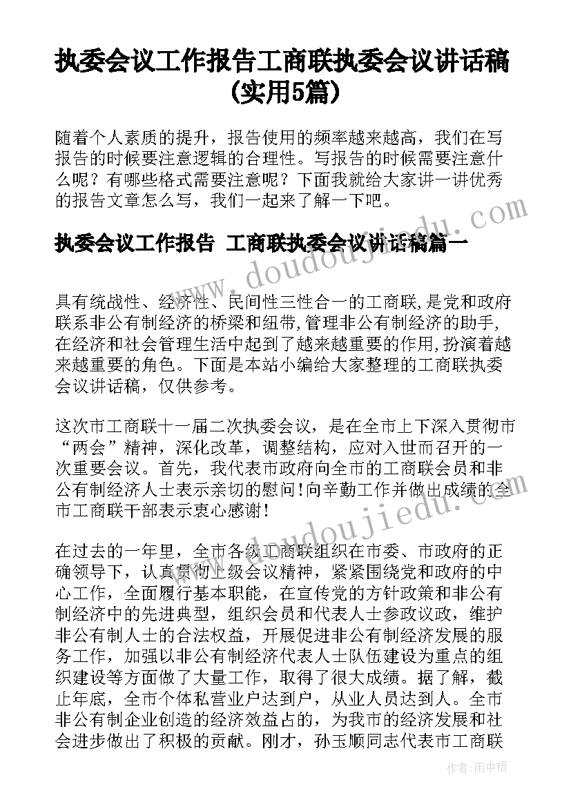 执委会议工作报告 工商联执委会议讲话稿(实用5篇)