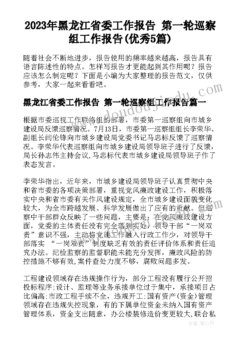 2023年黑龙江省委工作报告 第一轮巡察组工作报告(优秀5篇)