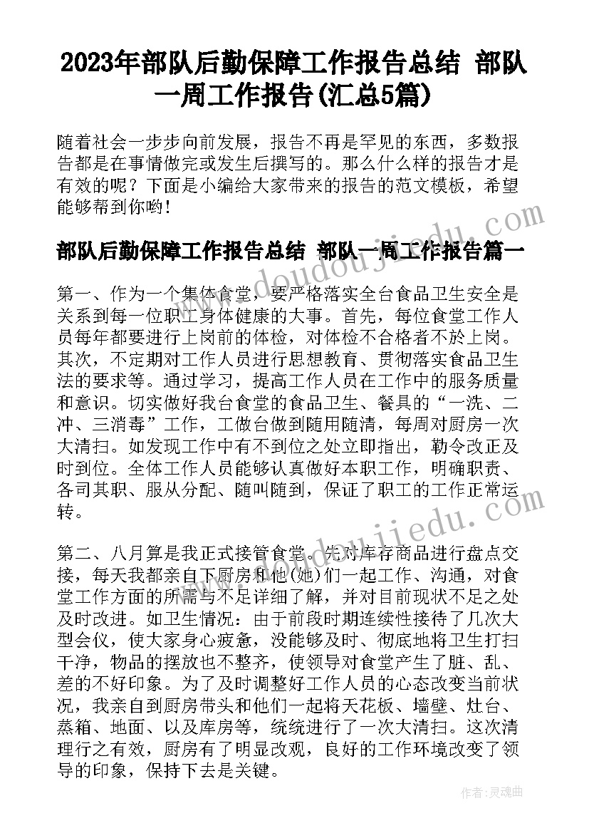 2023年部队后勤保障工作报告总结 部队一周工作报告(汇总5篇)