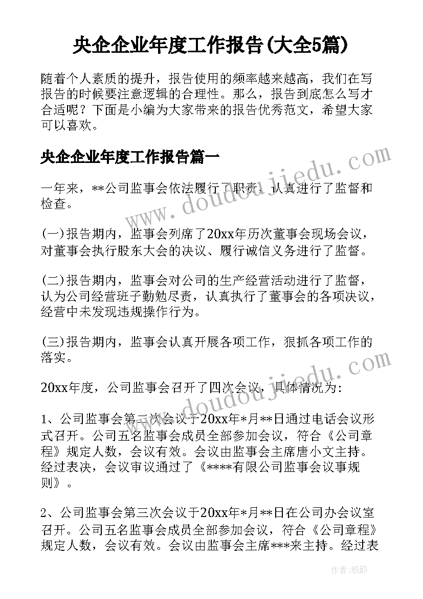 央企企业年度工作报告(大全5篇)