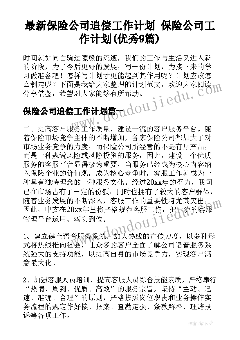 最新保险公司追偿工作计划 保险公司工作计划(优秀9篇)