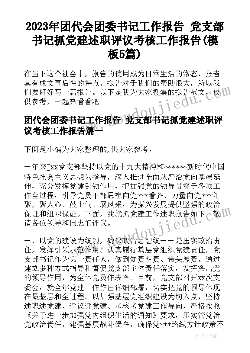 2023年团代会团委书记工作报告 党支部书记抓党建述职评议考核工作报告(模板5篇)