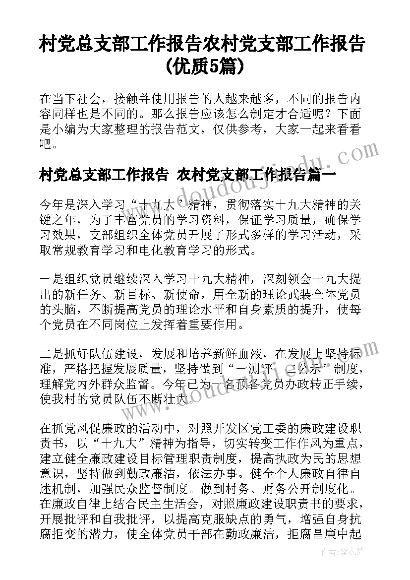 村党总支部工作报告 农村党支部工作报告(优质5篇)