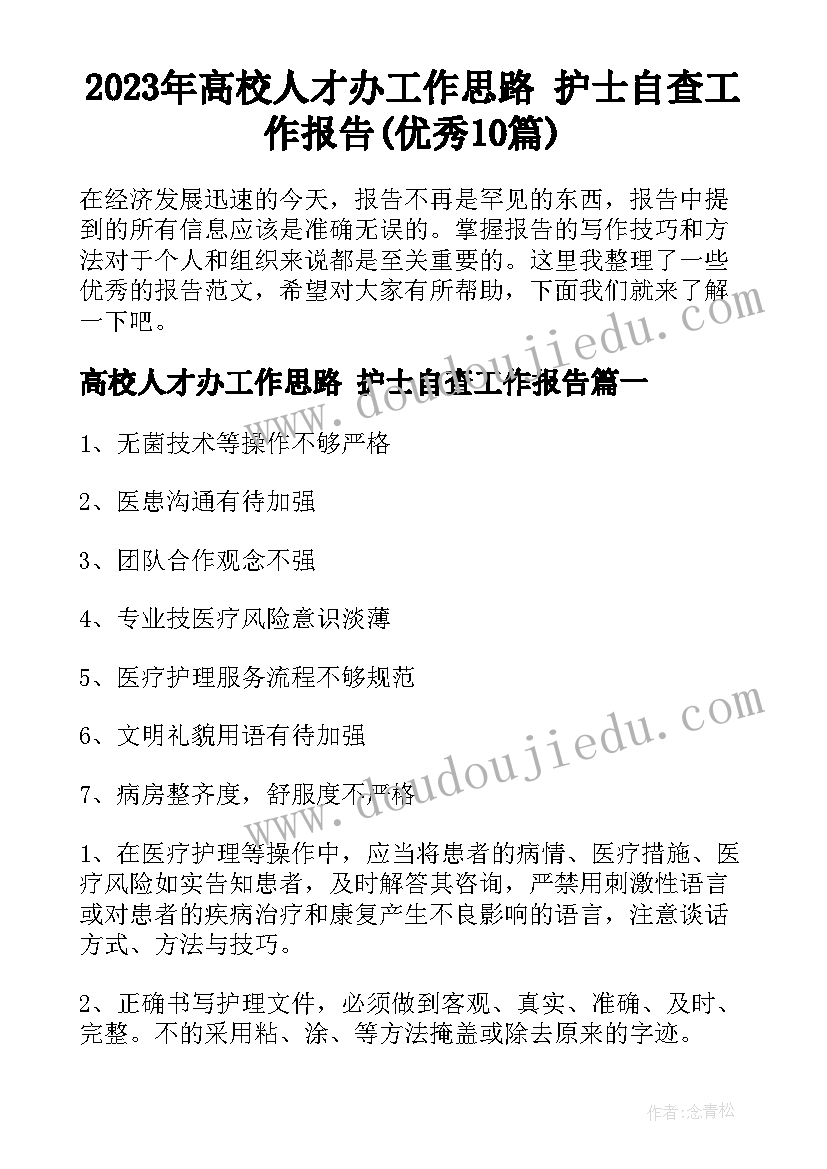 2023年高校人才办工作思路 护士自查工作报告(优秀10篇)