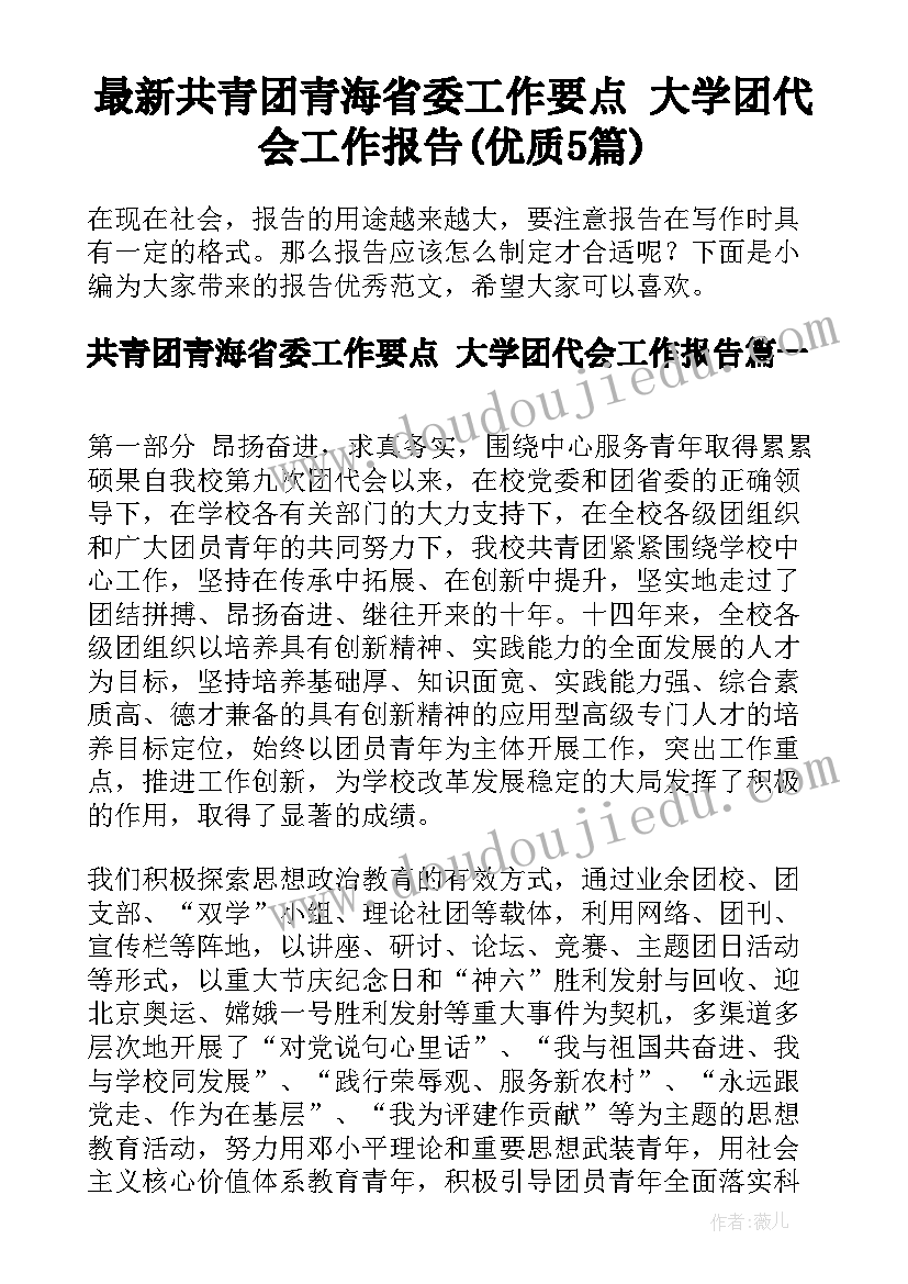 最新共青团青海省委工作要点 大学团代会工作报告(优质5篇)