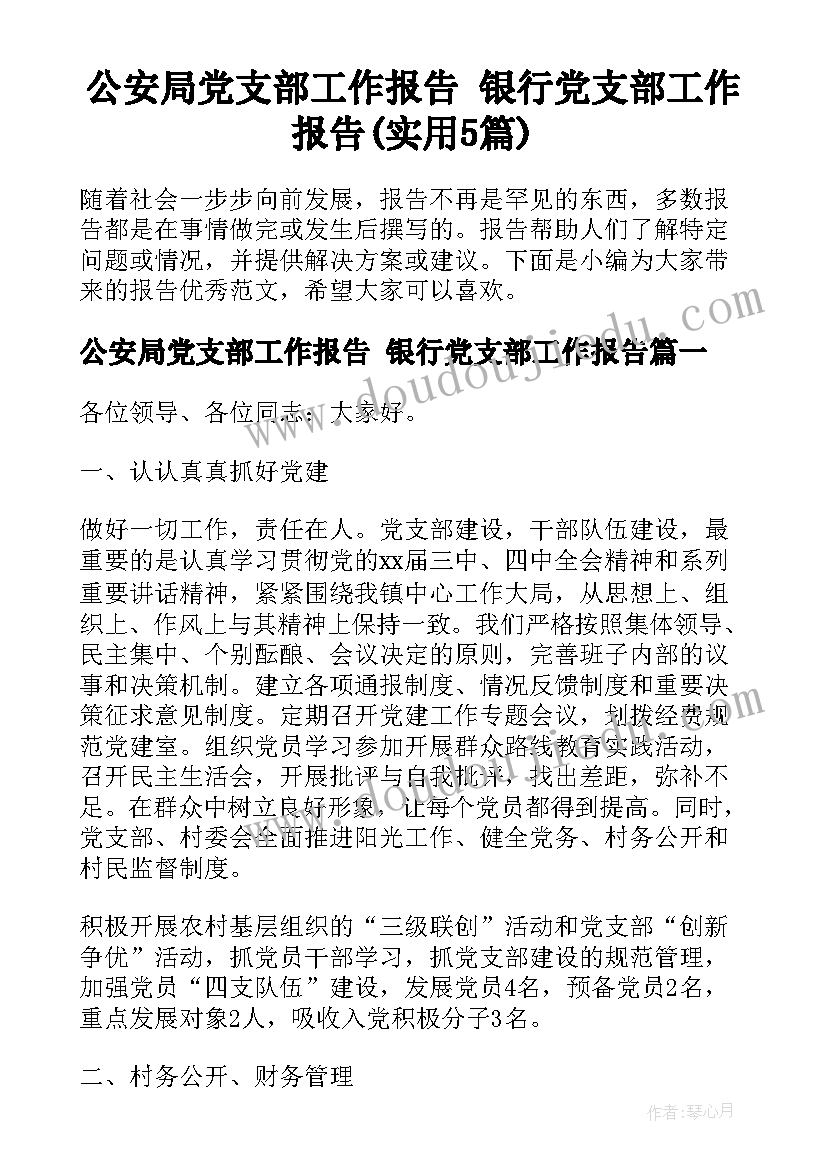 公安局党支部工作报告 银行党支部工作报告(实用5篇)