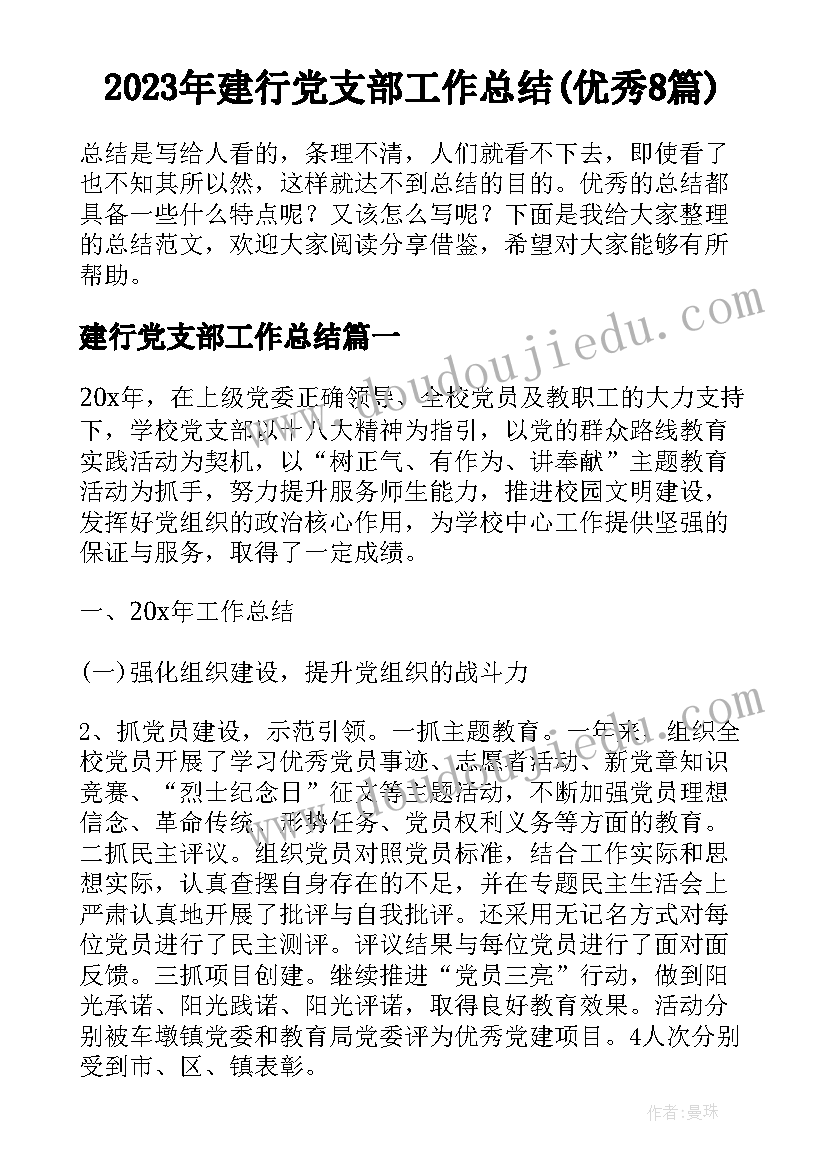 2023年建行党支部工作总结(优秀8篇)