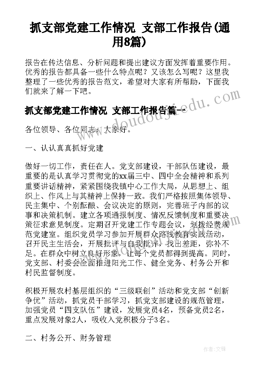 抓支部党建工作情况 支部工作报告(通用8篇)