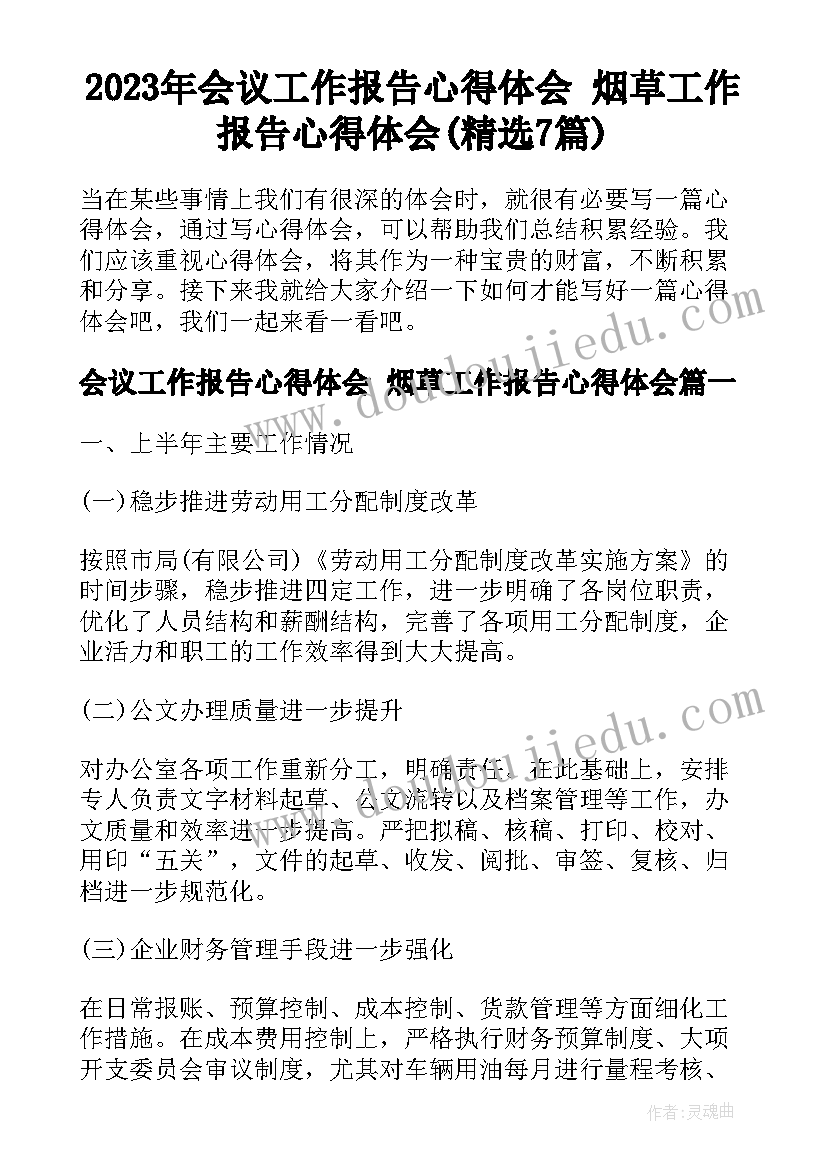 2023年会议工作报告心得体会 烟草工作报告心得体会(精选7篇)