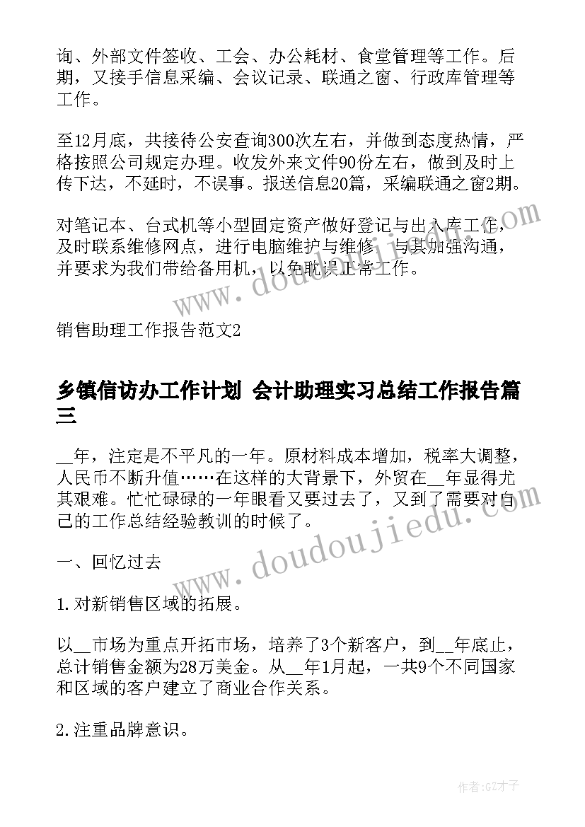 2023年乡镇信访办工作计划 会计助理实习总结工作报告(模板5篇)