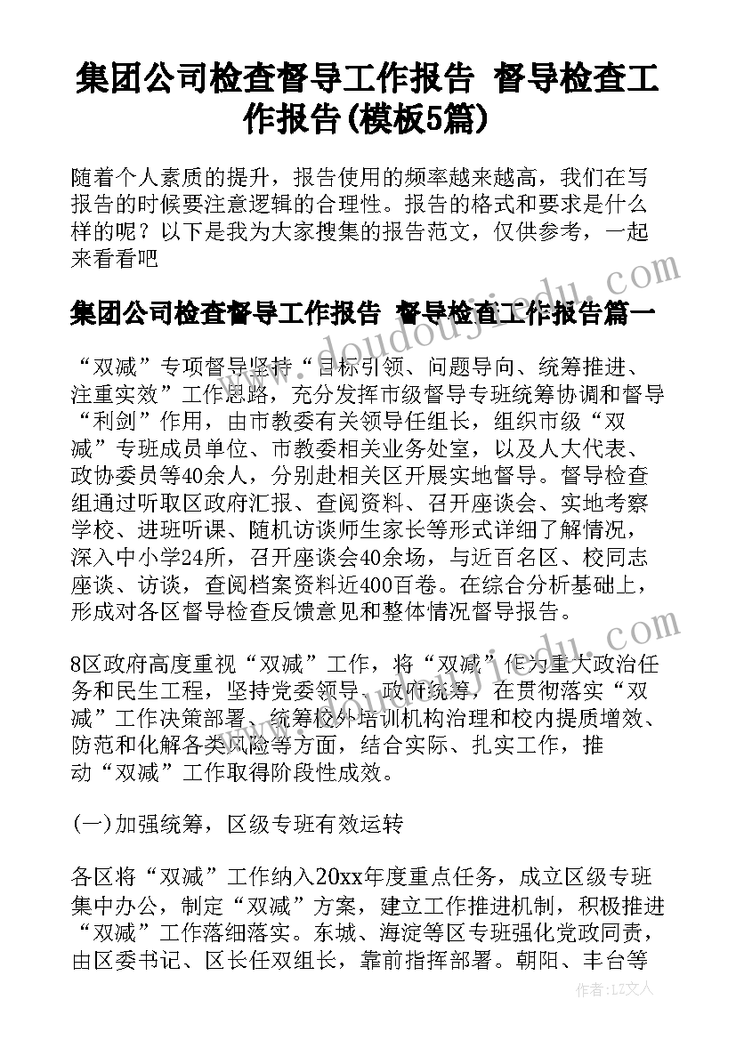 集团公司检查督导工作报告 督导检查工作报告(模板5篇)