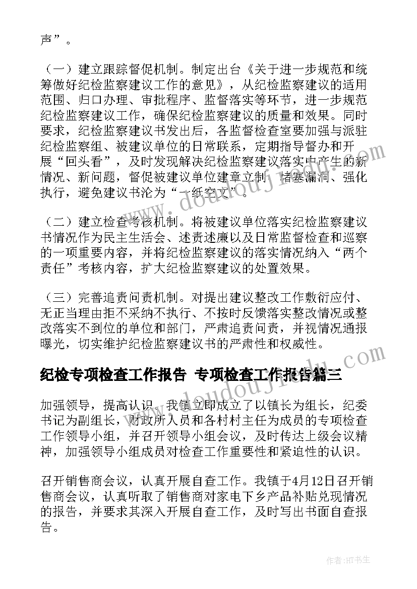 2023年纪检专项检查工作报告 专项检查工作报告(模板5篇)