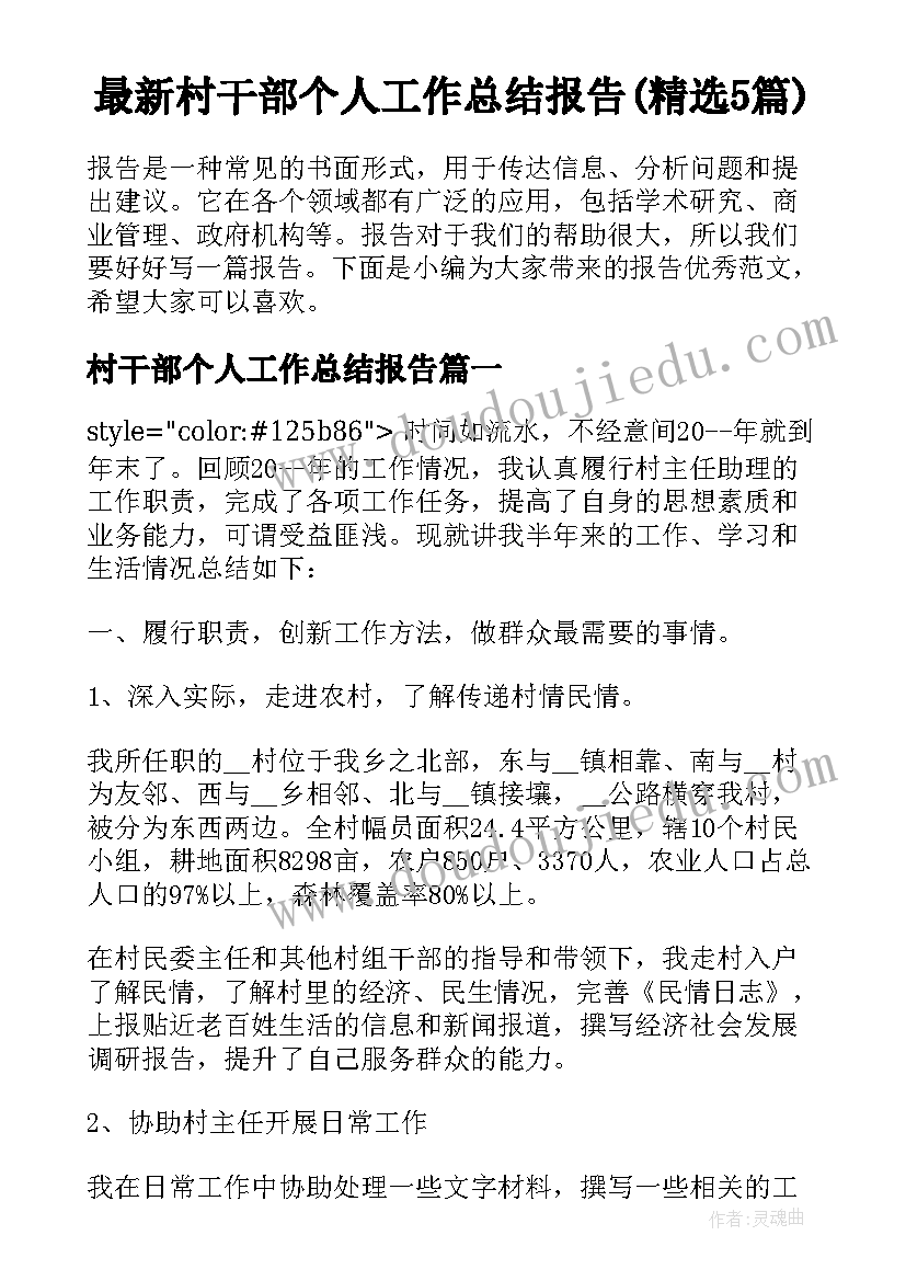 最新村干部个人工作总结报告(精选5篇)