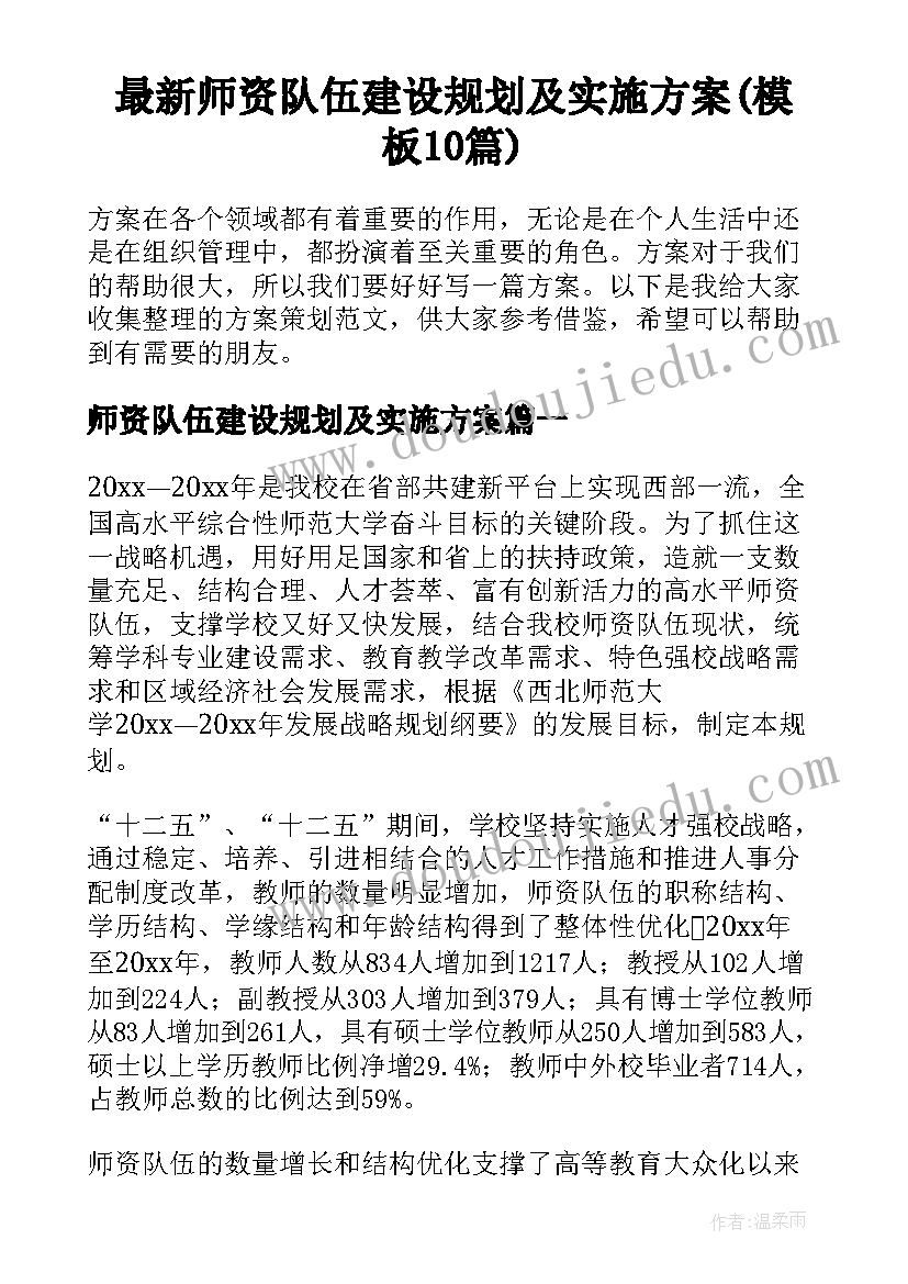 最新师资队伍建设规划及实施方案(模板10篇)