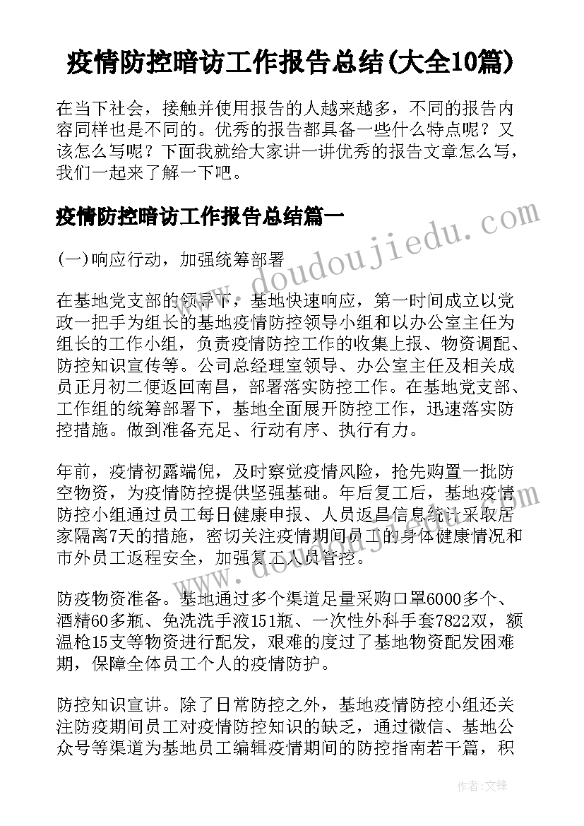 疫情防控暗访工作报告总结(大全10篇)