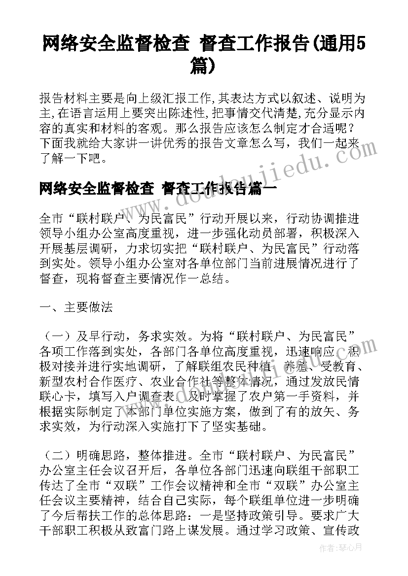 网络安全监督检查 督查工作报告(通用5篇)