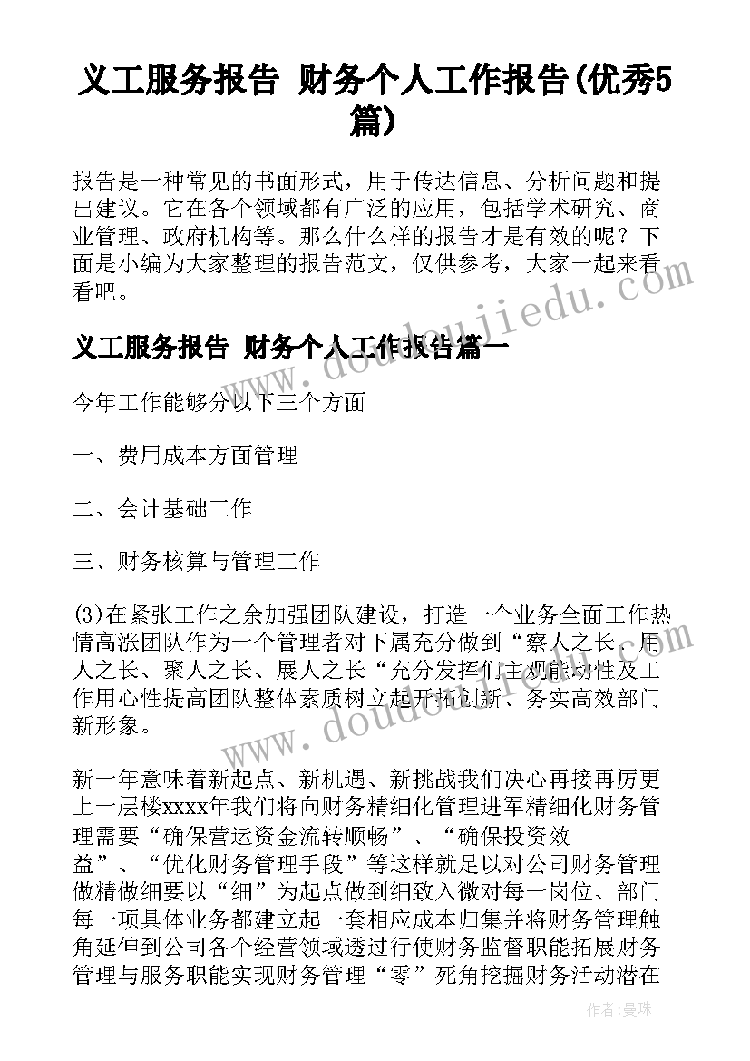 义工服务报告 财务个人工作报告(优秀5篇)