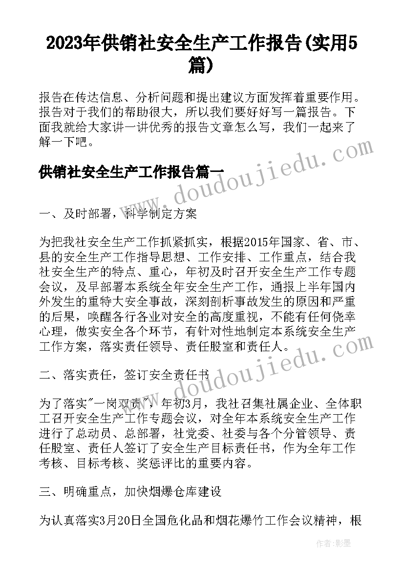 2023年供销社安全生产工作报告(实用5篇)