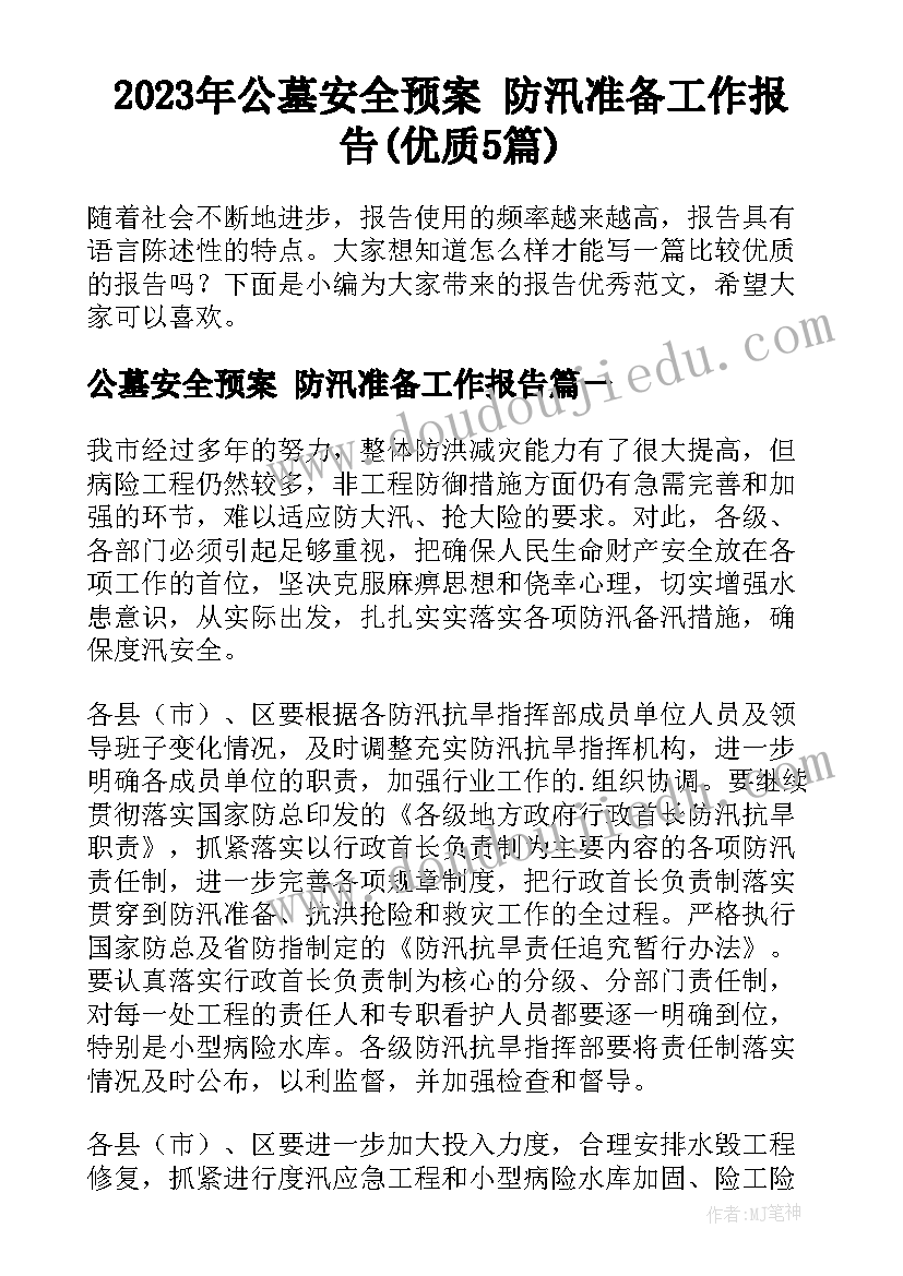 2023年公墓安全预案 防汛准备工作报告(优质5篇)