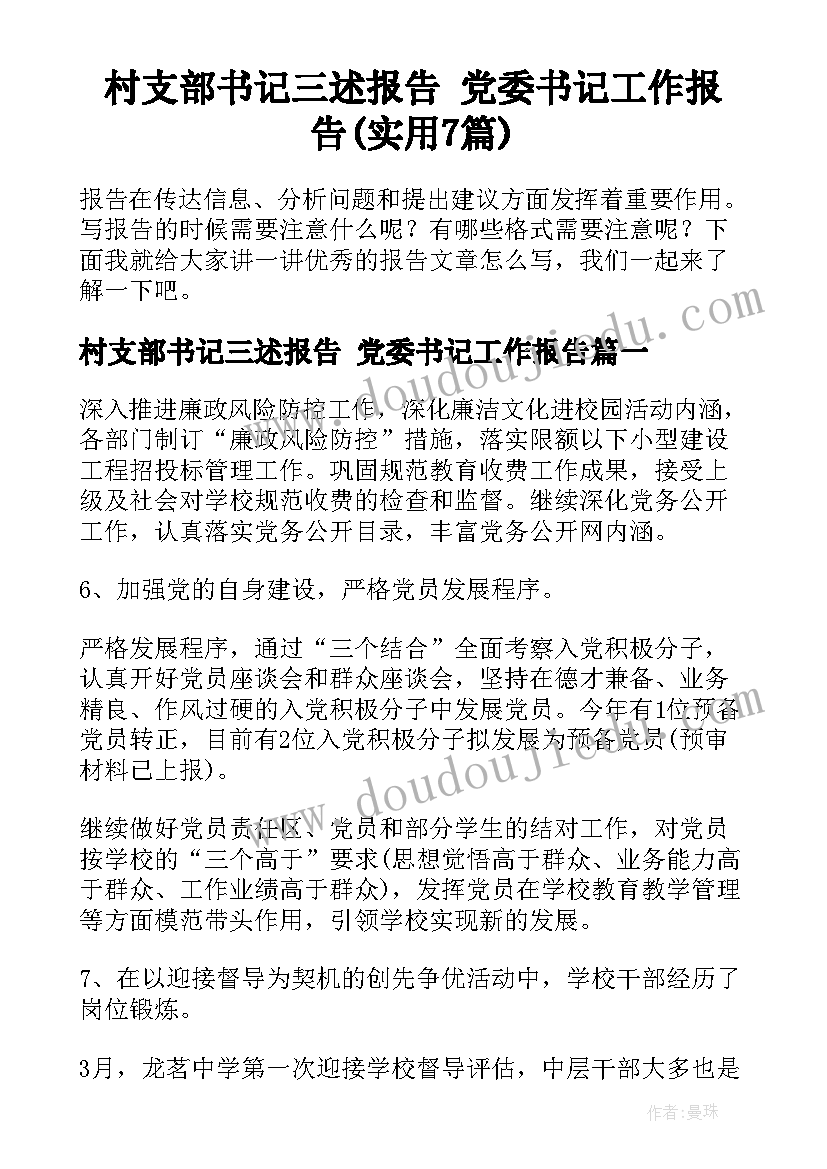 村支部书记三述报告 党委书记工作报告(实用7篇)