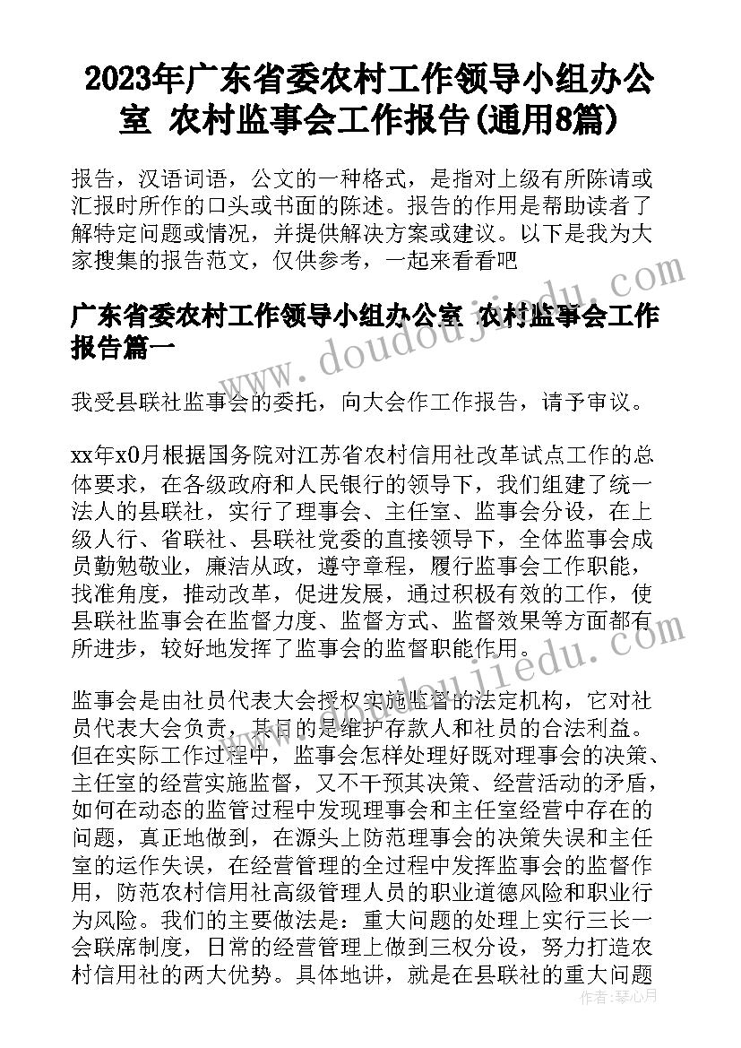 2023年广东省委农村工作领导小组办公室 农村监事会工作报告(通用8篇)