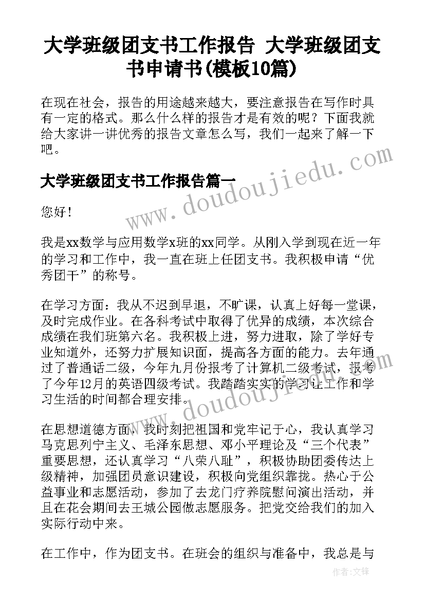 大学班级团支书工作报告 大学班级团支书申请书(模板10篇)