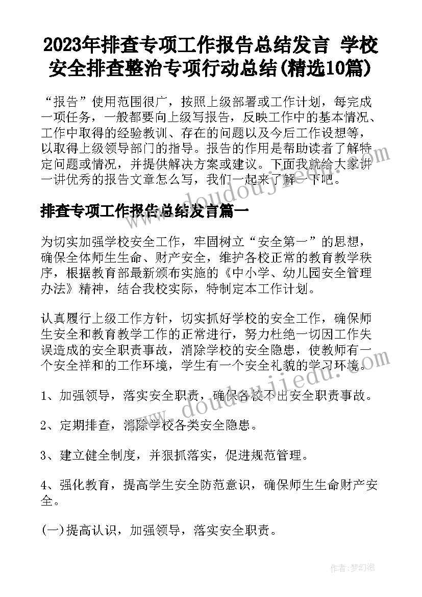 2023年排查专项工作报告总结发言 学校安全排查整治专项行动总结(精选10篇)