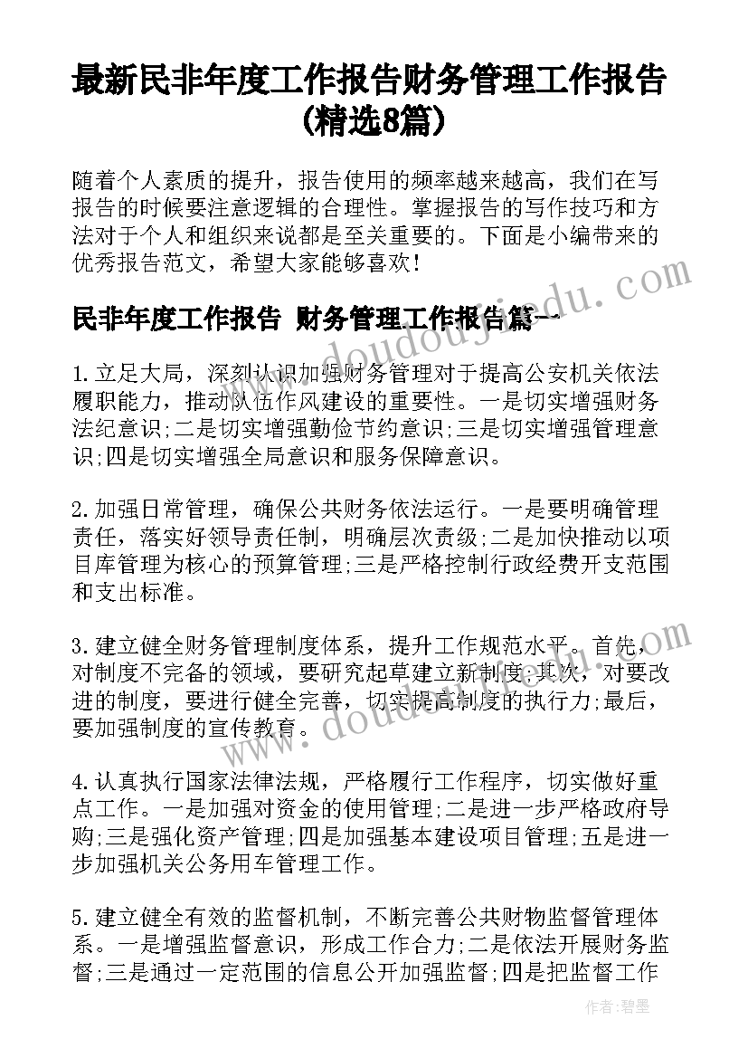 最新民非年度工作报告 财务管理工作报告(精选8篇)