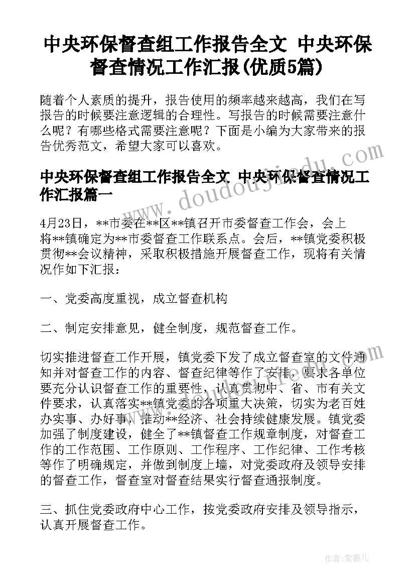 中央环保督查组工作报告全文 中央环保督查情况工作汇报(优质5篇)