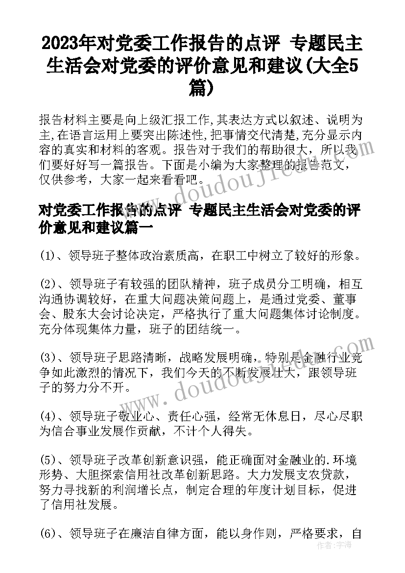 2023年对党委工作报告的点评 专题民主生活会对党委的评价意见和建议(大全5篇)