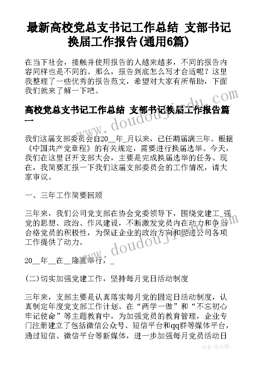 最新高校党总支书记工作总结 支部书记换届工作报告(通用6篇)